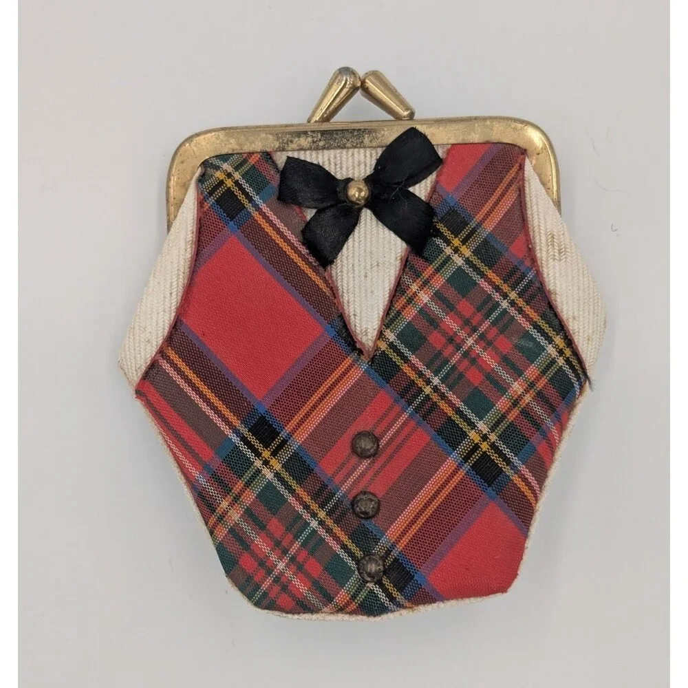 Vintage Plaid Tartan Fabric Kiss-Lock Suit Coin Purse w/ Bow Button Mid Century
